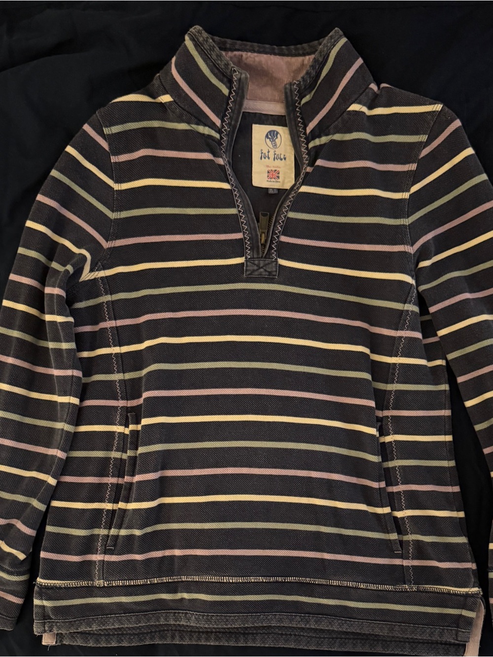 Fat Face Women’s Navy Zip-Up Sweater with Pastel Purple White & Green Stripes
